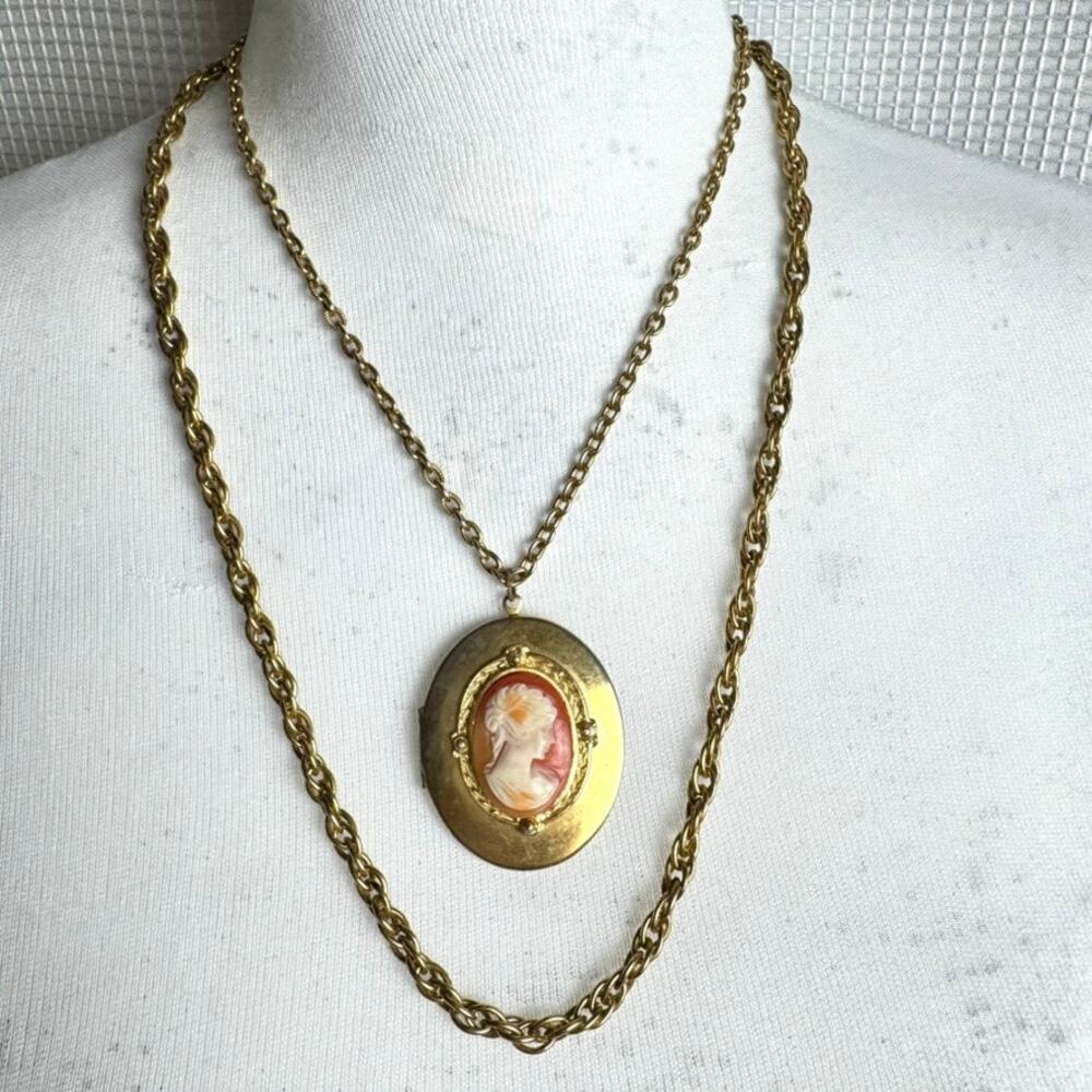 Vintage Cameo Locket Necklace Victorian Revival Double Layer Gold Tone Chain
